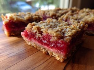 A close-up of a thick, square slice of strawberry rhubarb bars showing the bright red filling and crumbly oat topping.