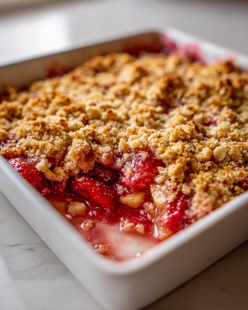 A close-up view of a freshly baked Strawberry Rhubarb Crisp showing bubbling red fruit filling beneath a golden, crumbly topping.