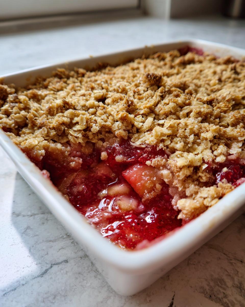 A close-up view of a bubbling Strawberry Rhubarb Crisp with a golden oat topping in a white square baking dish.