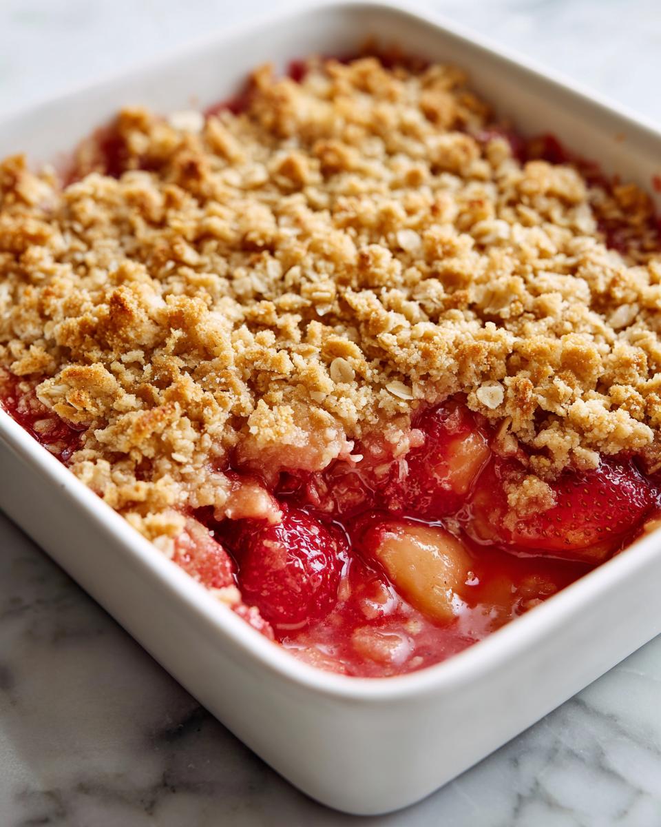 Close-up of warm Strawberry Rhubarb Crisp showing bubbly red fruit filling and golden oat topping in a white dish.