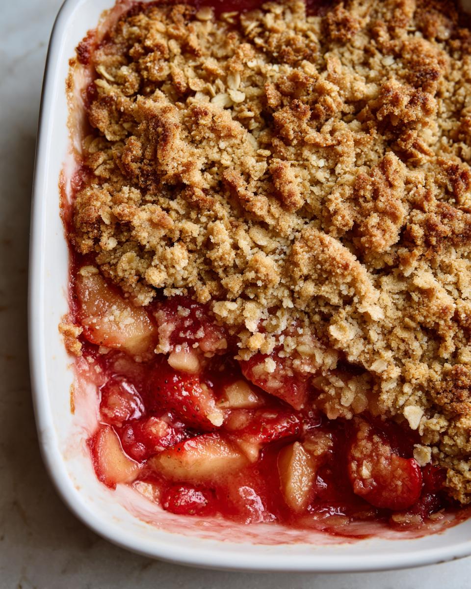 A close-up shot showing the bubbling red fruit filling and golden oat topping of a homemade Strawberry Rhubarb Crisp.