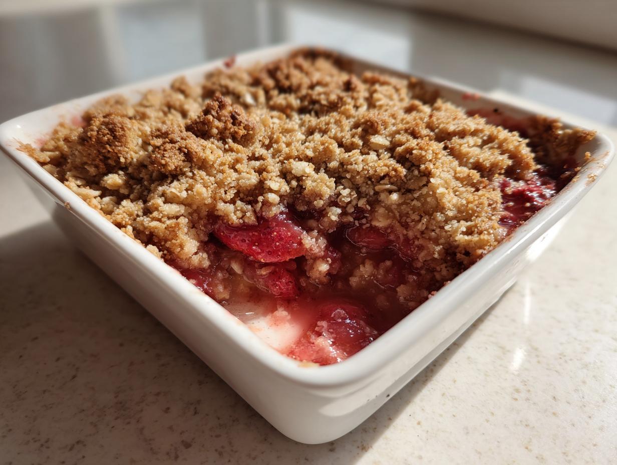Close-up of a single serving of warm Strawberry Rhubarb Crisp with a golden, crumbly topping and bubbling red fruit filling.