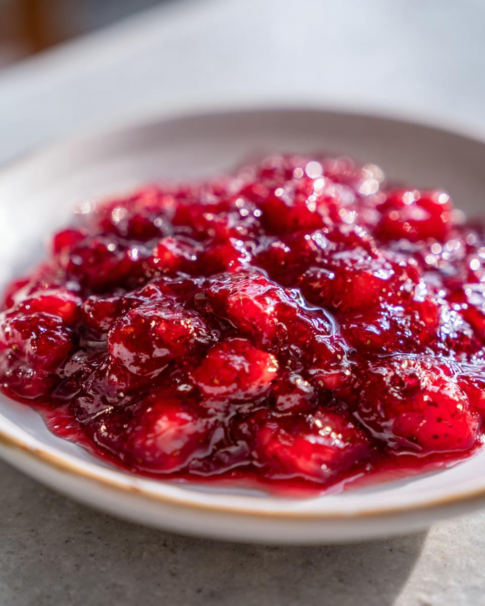 A close-up, brightly lit image showing chunky, glossy Strawberry rhubarb jam served in a small white bowl.