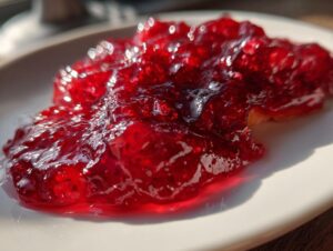 A close-up, glistening dollop of bright red strawberry rhubarb jam spread on a white plate, catching the sunlight.