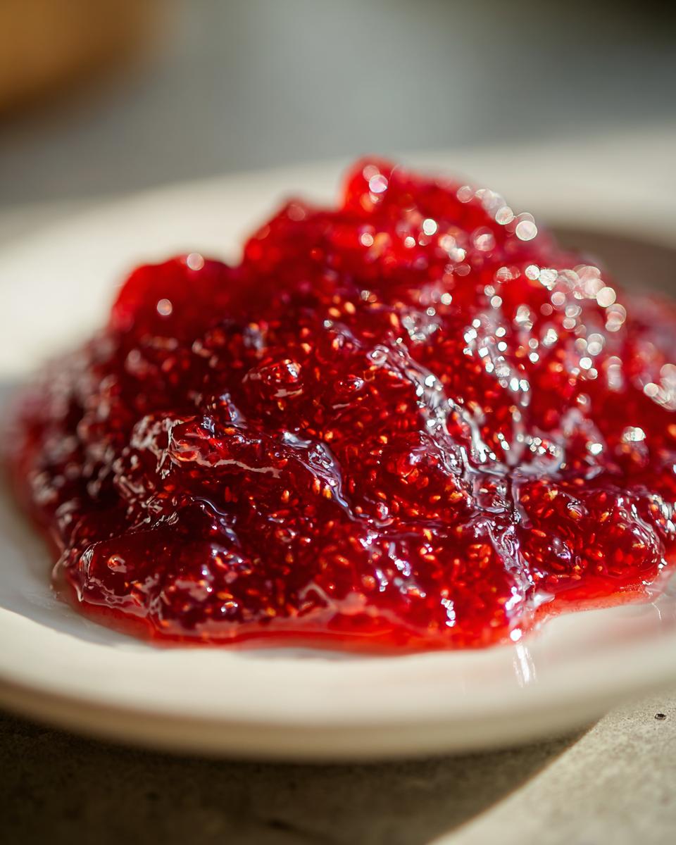 A close-up, glossy dollop of vibrant red Strawberry rhubarb jam showing visible seeds and fruit pieces on a white plate.