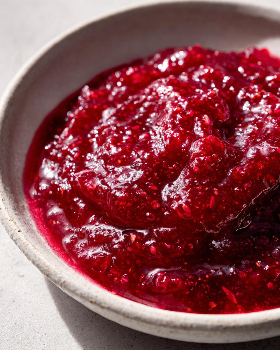 Close-up of thick, vibrant red strawberry rhubarb jam texture in a small ceramic bowl.