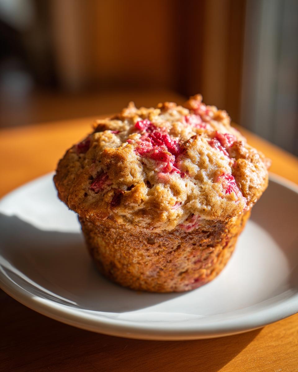 A freshly baked strawberry rhubarb muffin with a golden-brown top studded with pink fruit pieces, sitting on a white plate.