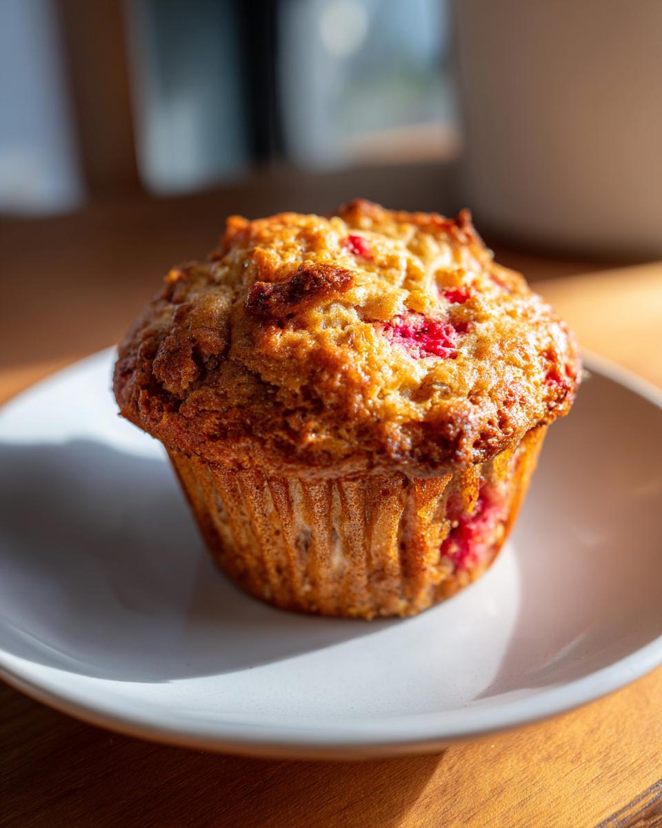 A freshly baked, golden-brown Strawberry Rhubarb Muffin sitting on a small white plate.