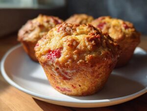 Close-up of a freshly baked, golden Strawberry Rhubarb Muffin on a white plate.