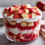 A large glass bowl filled with layers of strawberry shortcake trifle, featuring cake cubes, whipped cream, and macerated strawberries.
