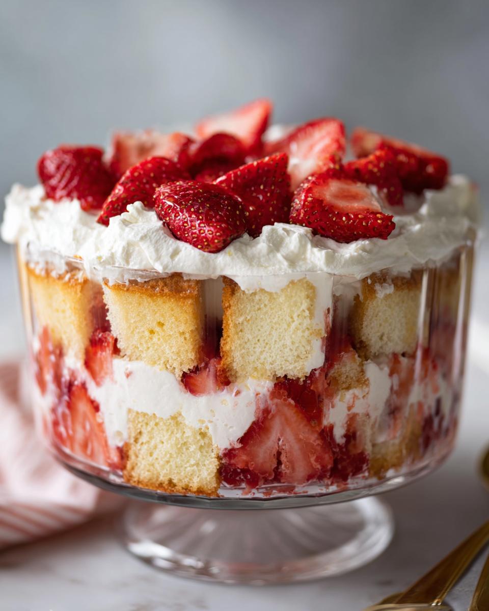 Close-up of a beautiful Strawberry shortcake trifle layered with sponge cake, whipped cream, and fresh strawberries in a glass pedestal bowl.