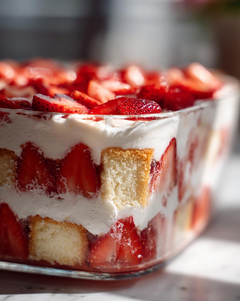 Close-up view of a layered Strawberry shortcake trifle showing cake pieces, whipped cream, and sliced strawberries in a clear glass dish.