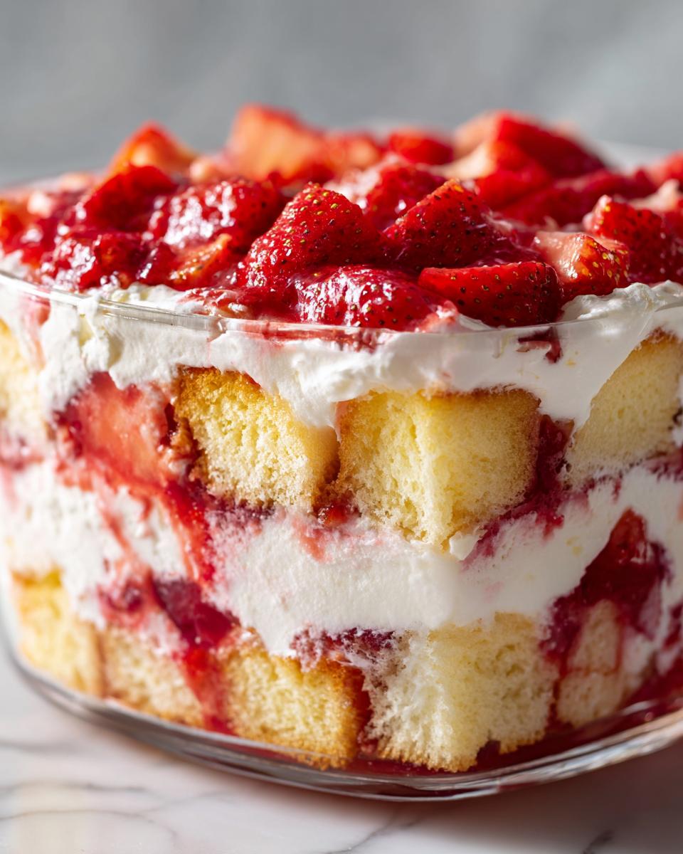 Close-up of a layered strawberry shortcake trifle showing cake cubes, whipped cream, and macerated strawberries.