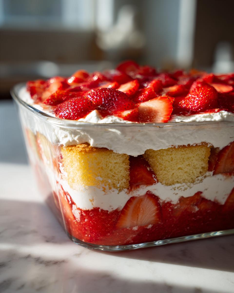 Close-up of a layered strawberry shortcake trifle featuring cake cubes, whipped cream, and macerated strawberries in a clear glass dish.