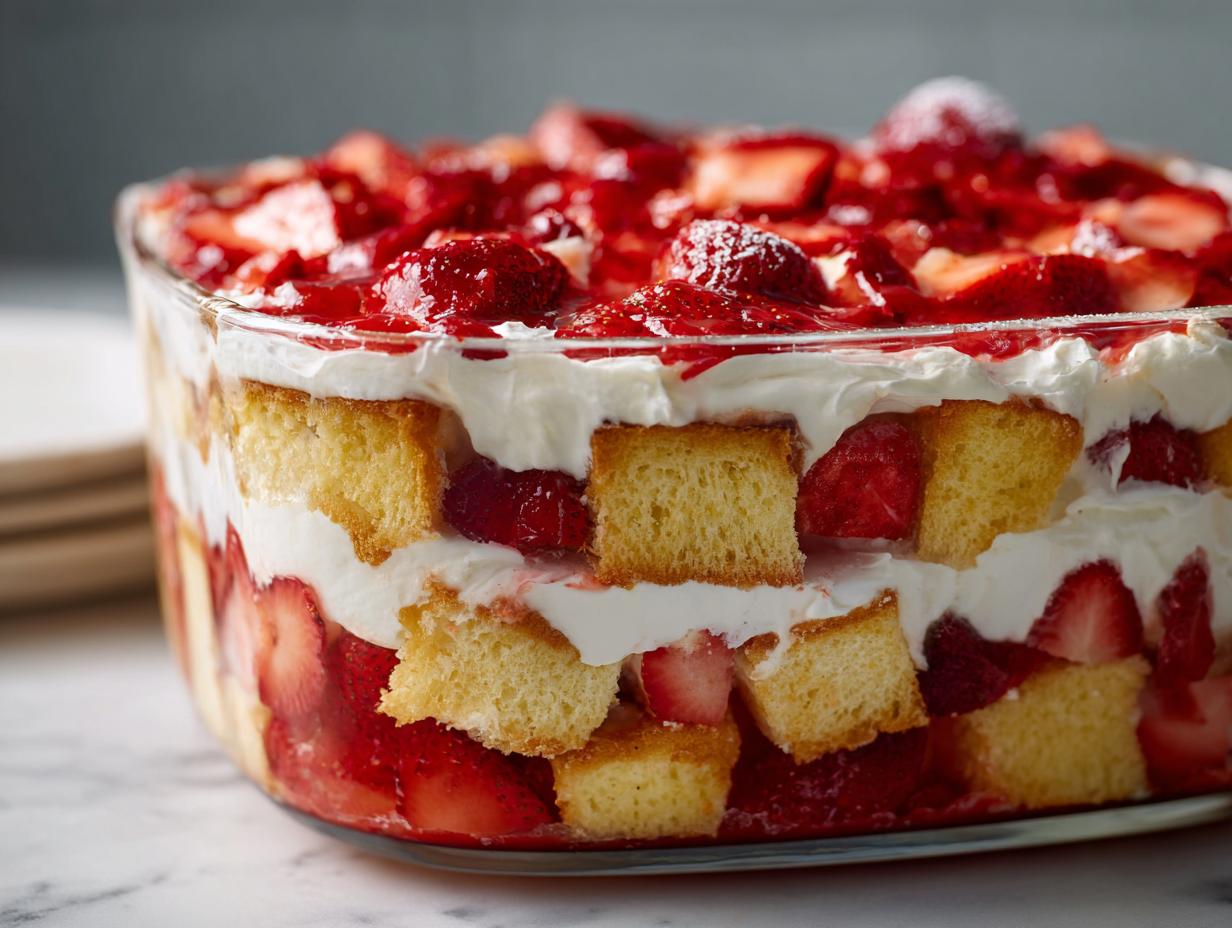 Close-up of a layered Strawberry shortcake trifle featuring cake cubes, whipped cream, and macerated strawberries in a clear glass bowl.