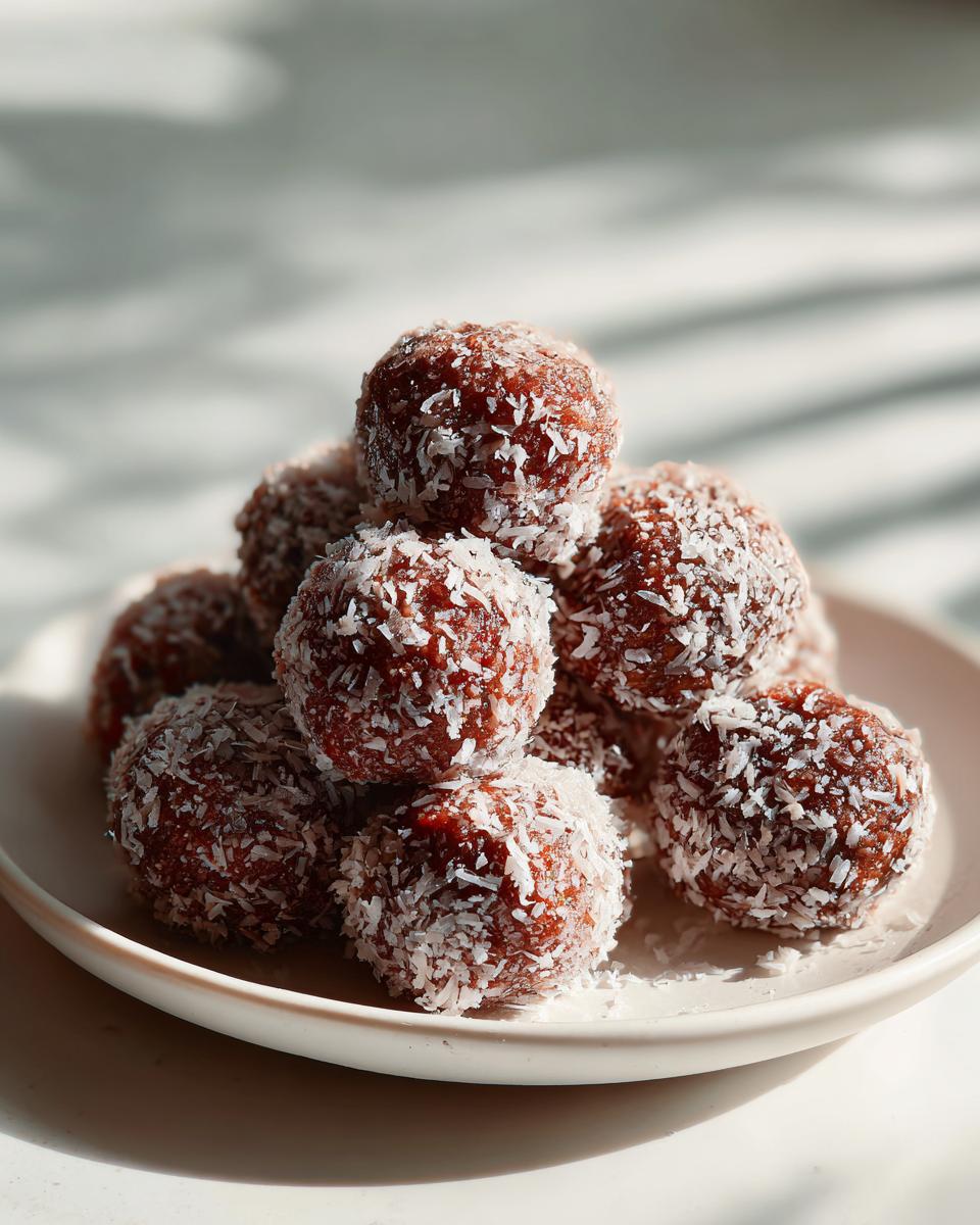 A stack of homemade strawberry yogurt bites rolled in shredded coconut, served on a white plate.