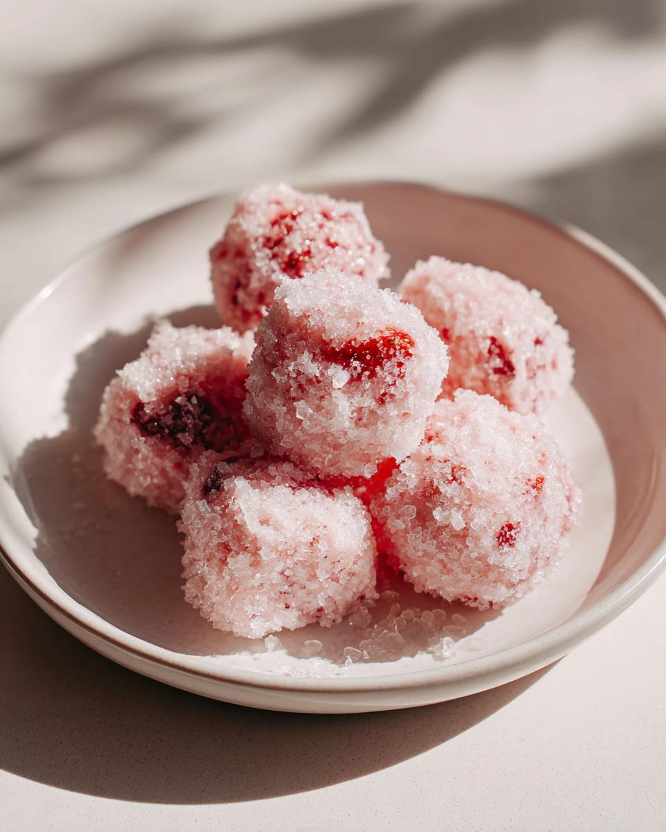 A small pile of frozen, sugar-coated strawberry yogurt bites resting in a light ceramic bowl.