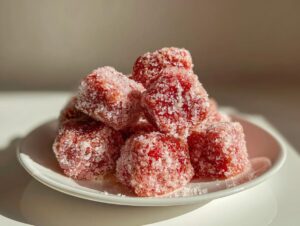 A close-up of several pink, square-shaped strawberry yogurt bites heavily coated in sparkling sugar crystals.