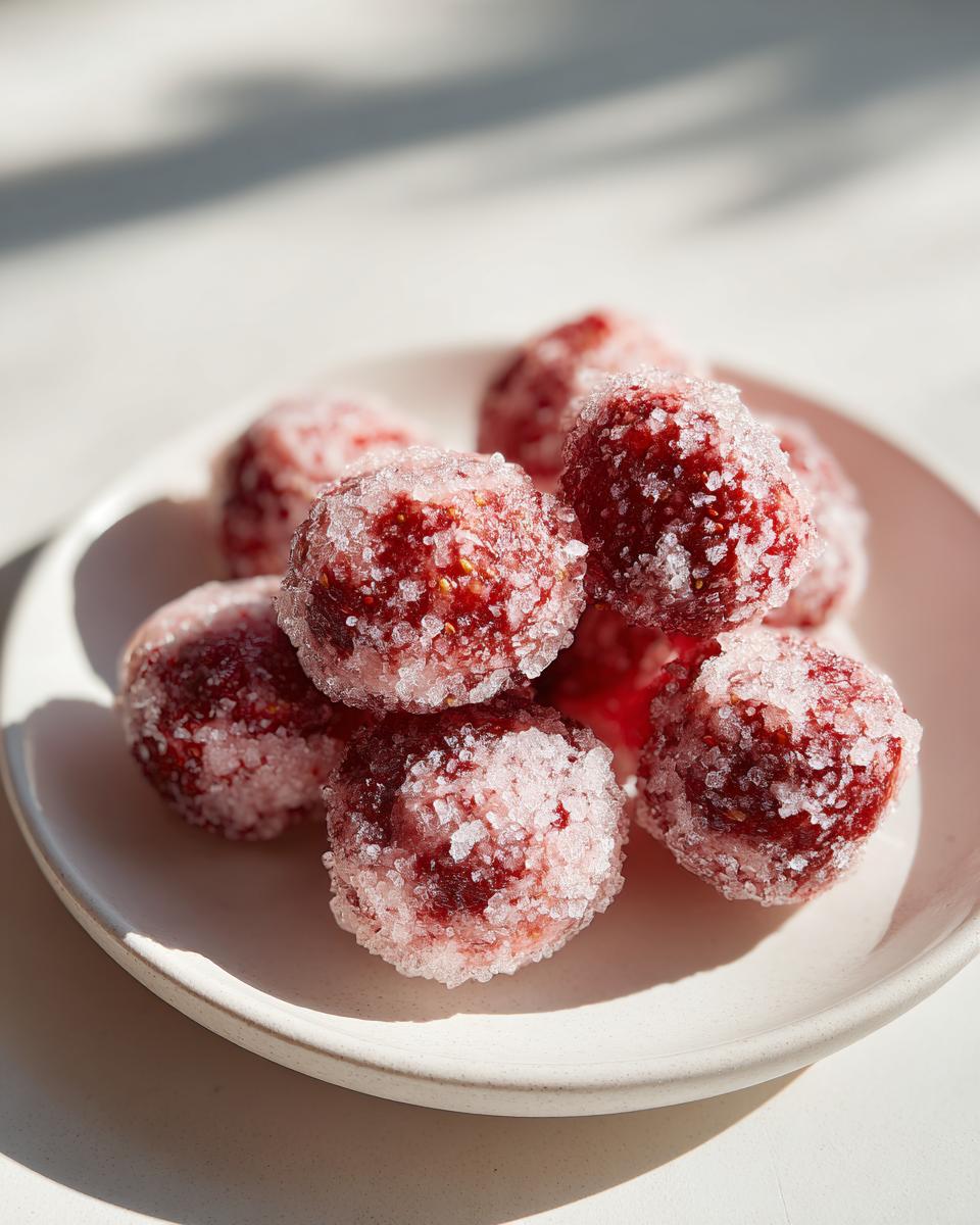 A small pile of bright red, sugar-coated strawberry yogurt bites resting on a light-colored plate.