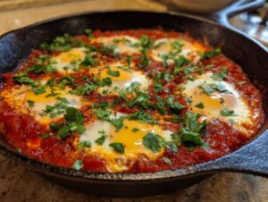 Close-up of a vibrant, rich red Shakshuka dish featuring six perfectly poached eggs topped with fresh cilantro in a black cast iron skillet.