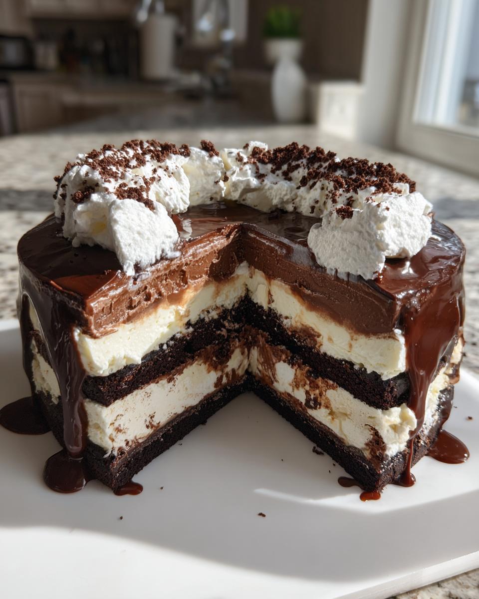 A slice removed from a stunning 3-layer chocolate ice cream cake showing layers of dark cake, vanilla ice cream, and chocolate ganache topping.