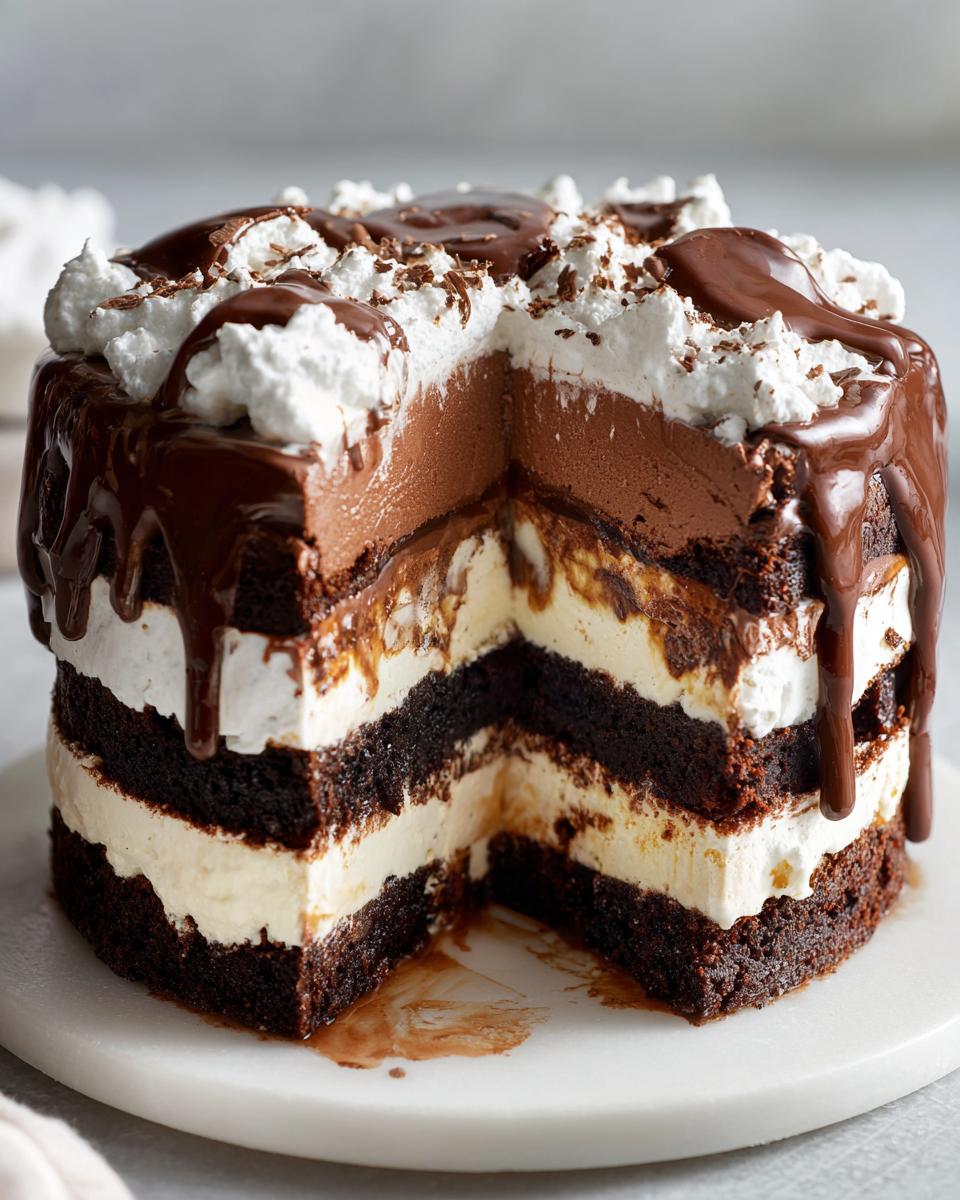 A slice removed from a stunning 3-layer chocolate ice cream cake showing layers of dark cake, vanilla and chocolate ice cream, and whipped topping.