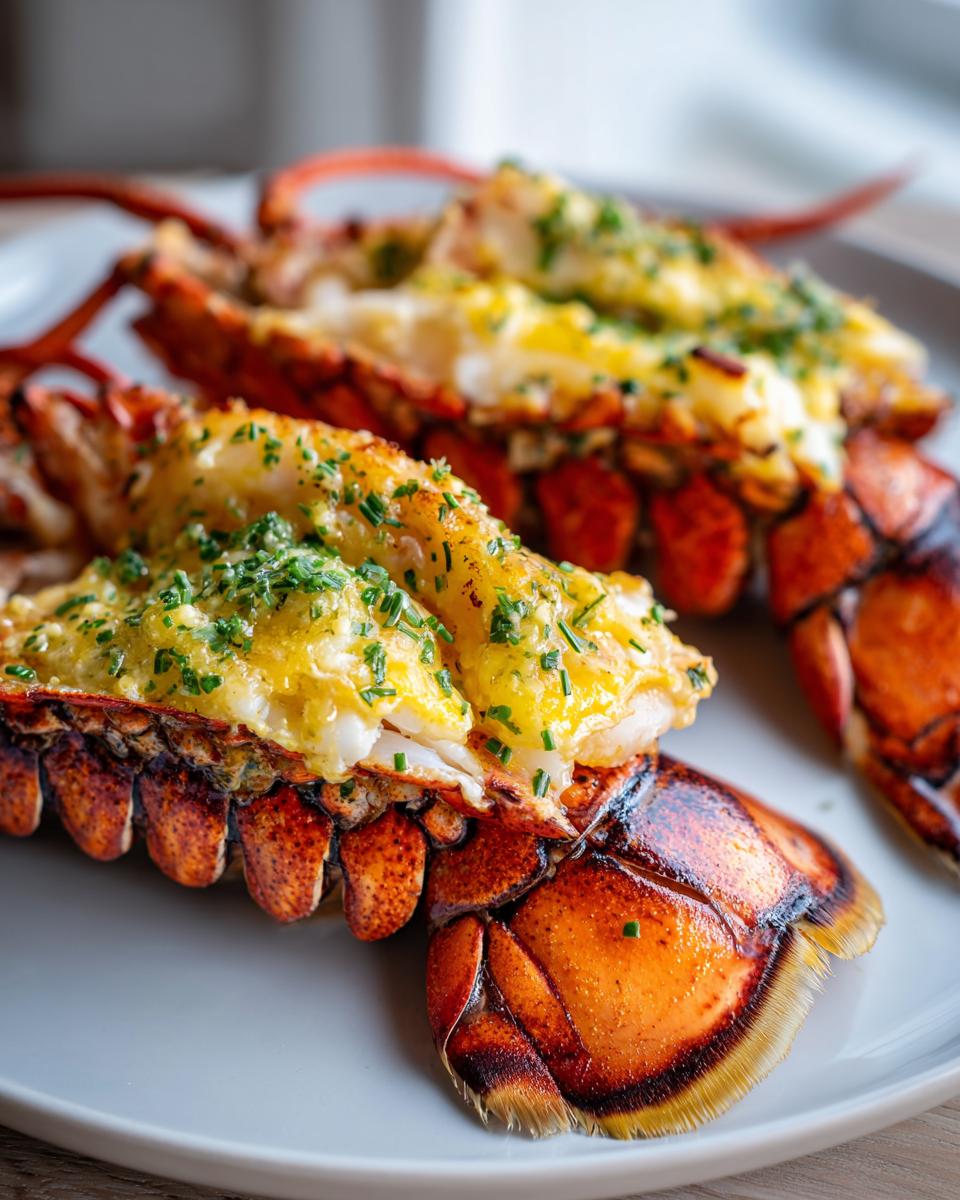 Two halves of a perfectly cooked grilled lobster tail, topped with melted garlic butter and fresh chives.