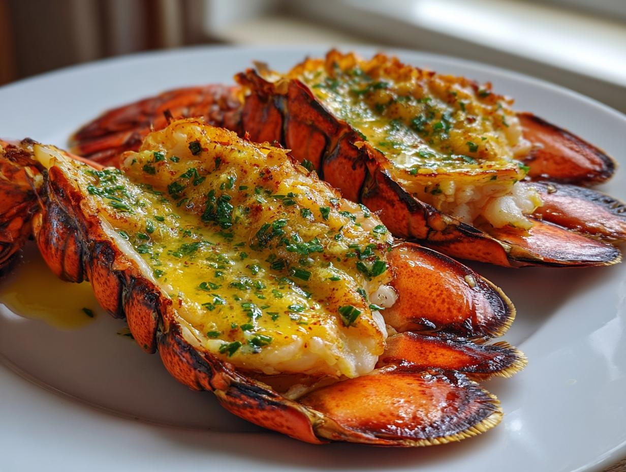 Two halves of a perfectly cooked grilled lobster tail, topped with melted garlic butter and fresh parsley.