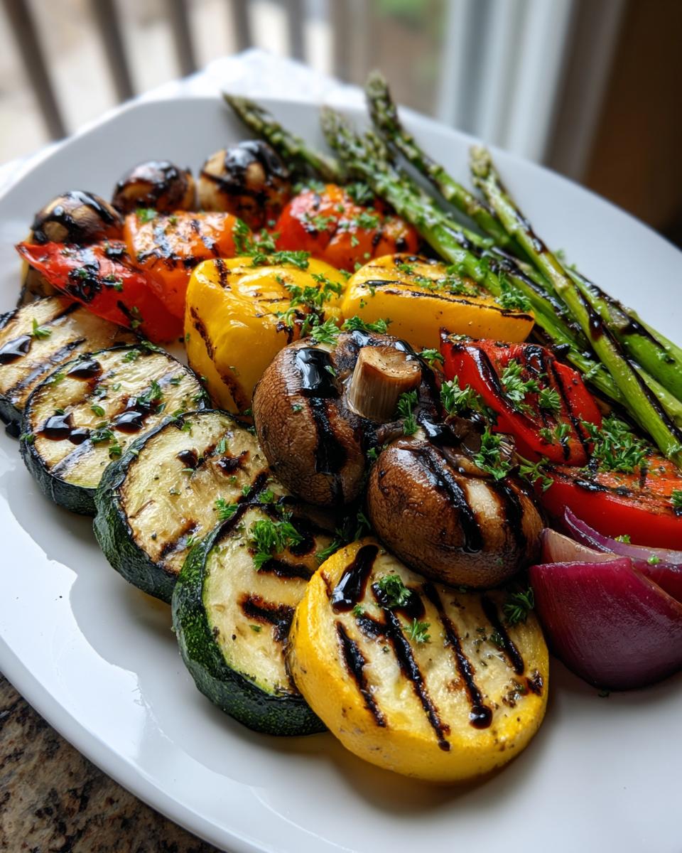 A stunning grilled vegetable platter featuring zucchini, yellow squash, peppers, mushrooms, asparagus, and red onion drizzled with balsamic glaze.