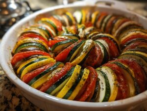 Close-up of vibrant Roasted Ratatouille with overlapping slices of zucchini, yellow squash, and tomato in a white baking dish.