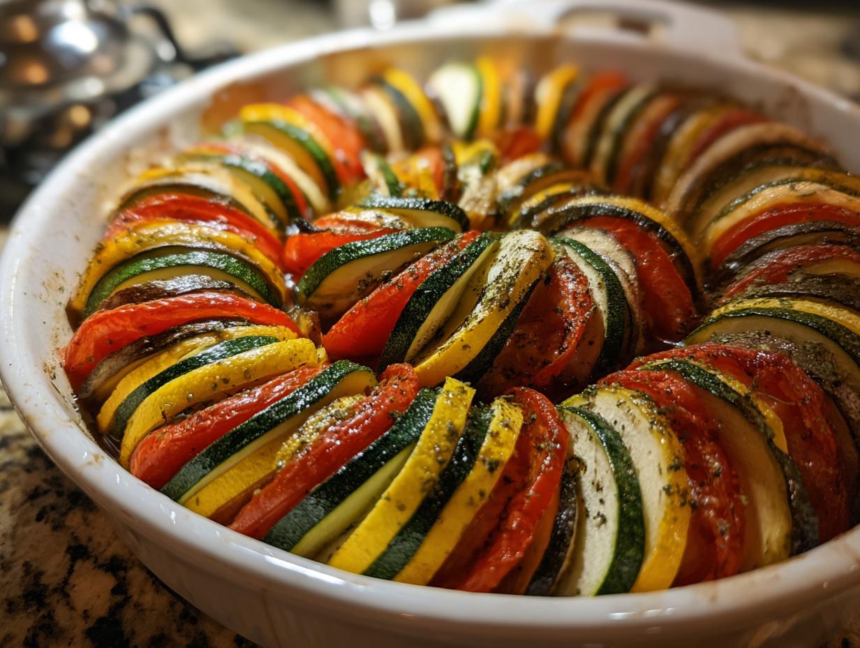 Close-up of vibrant Roasted Ratatouille with overlapping slices of zucchini, yellow squash, and tomato in a white baking dish.