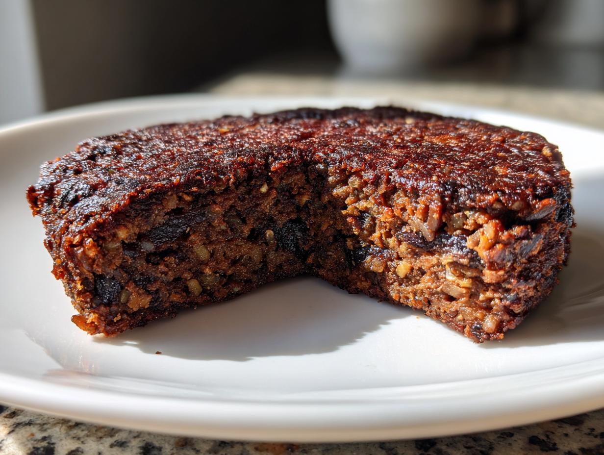 A thick, dark brown, grilled black bean burger patty with a slice cut out, showing its dense, textured interior.