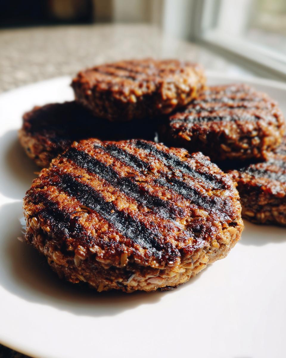 Close-up of several perfectly grilled Black bean burger patties showing distinct grill marks, resting on a white plate.