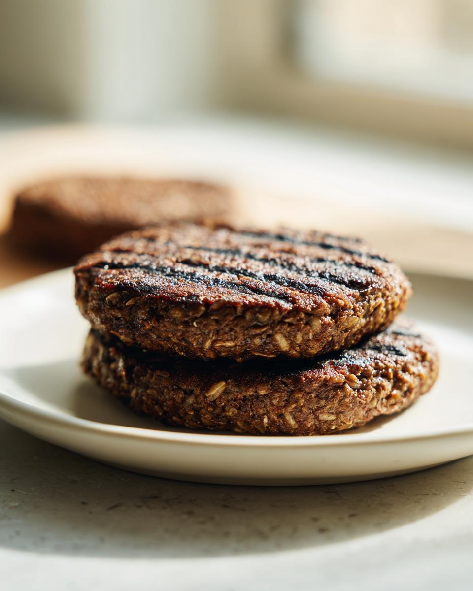 Two perfectly grilled, sturdy black bean burger patties stacked on a light-colored plate.