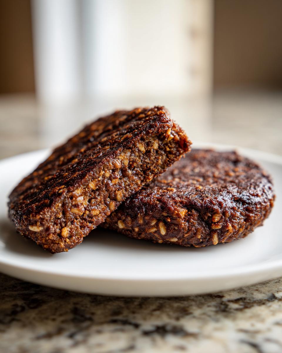 Cross-section view showing the hearty, textured interior of a grilled black bean burger patty on a white plate.