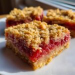 Close-up of three delicious Strawberry Rhubarb Bars with a thick, bright red filling and golden oat crumble topping.