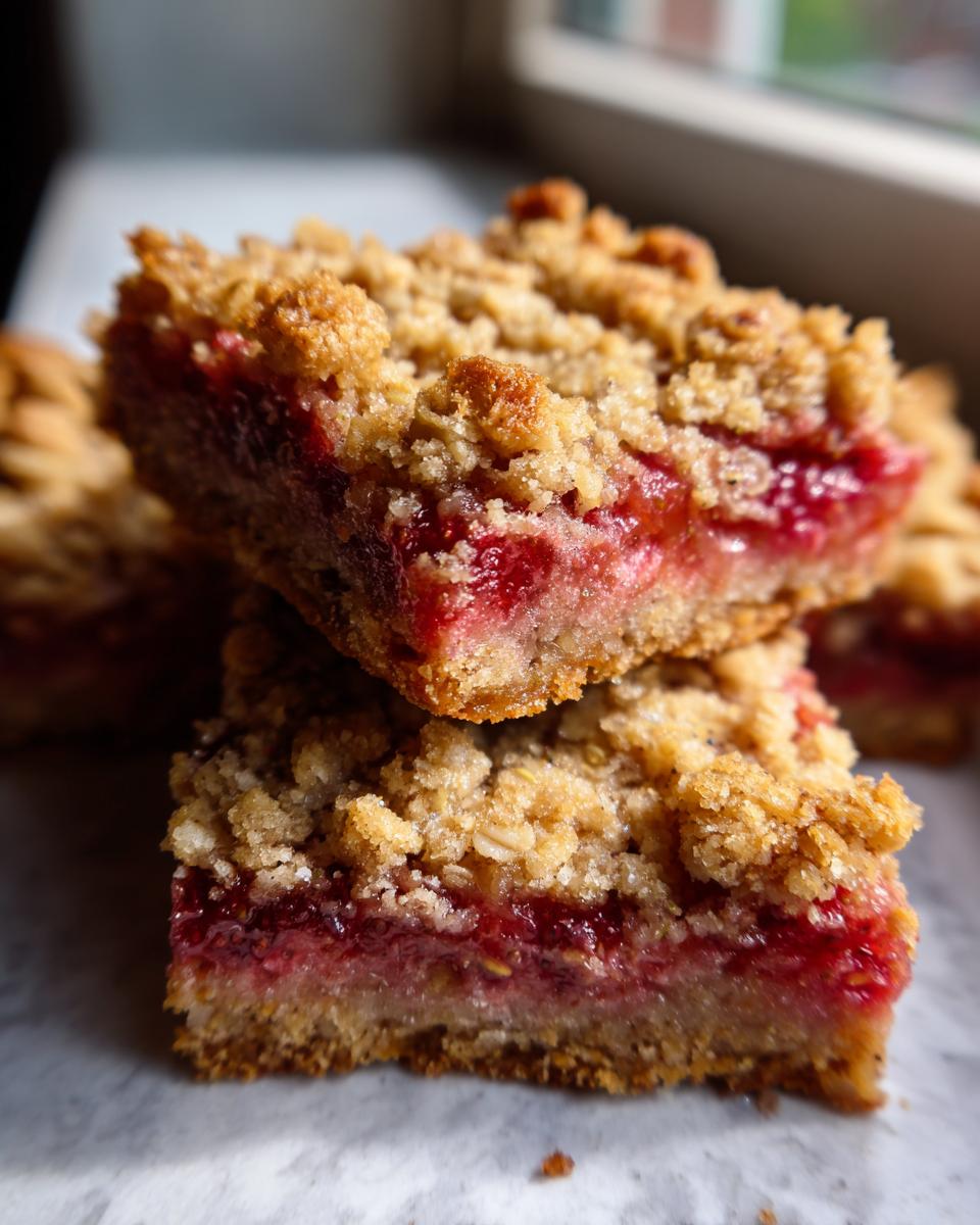 Two stacked, thick squares of strawberry rhubarb bars featuring a bright pink filling and a crumbly oat topping.