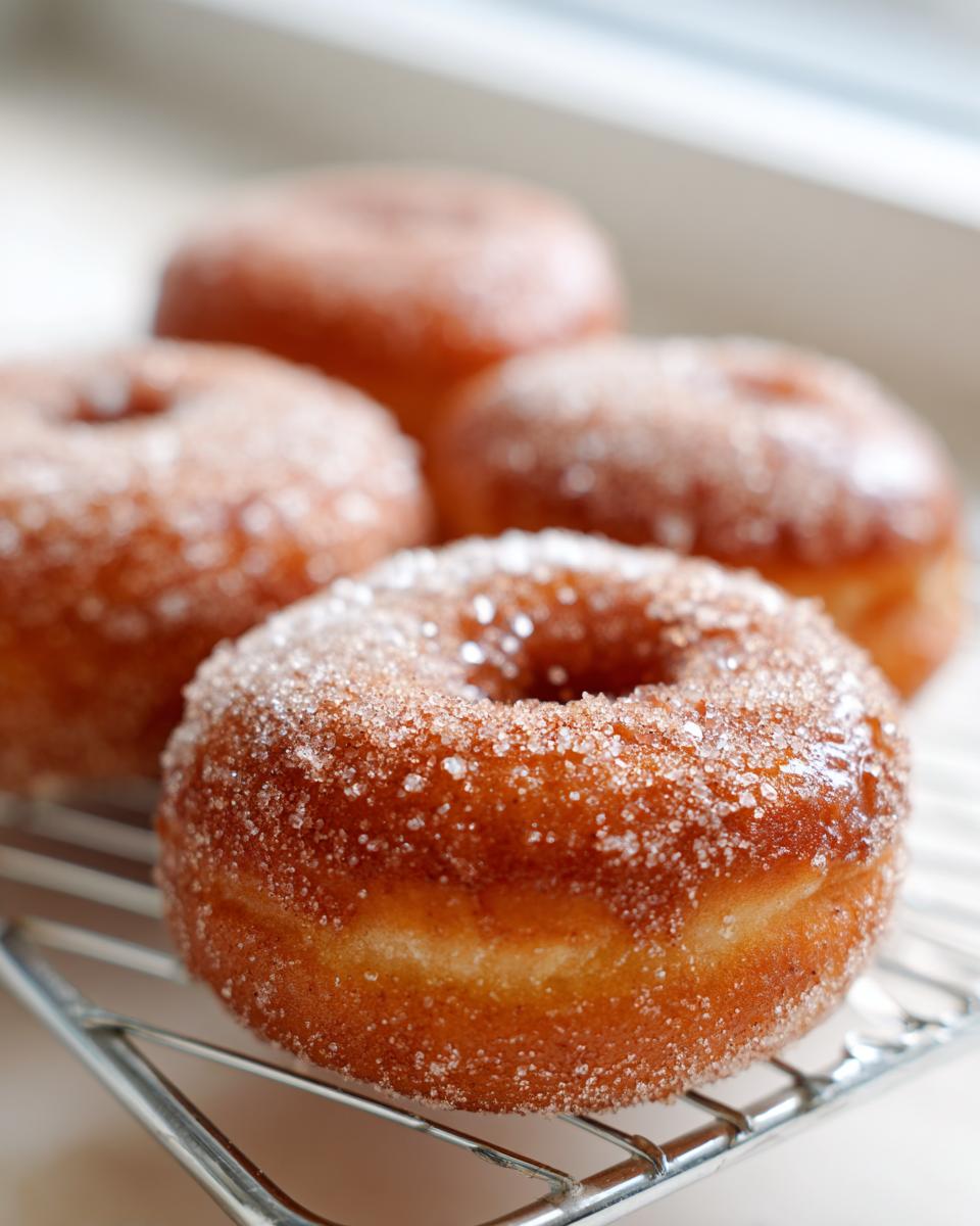 A close-up of freshly made, golden Applesauce donuts generously coated in sparkling sugar, resting on a wire cooling rack.