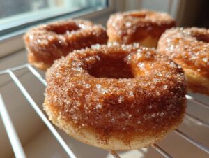 Close-up of several cinnamon sugar coated Applesauce donuts resting on a white cooling rack in bright sunlight.
