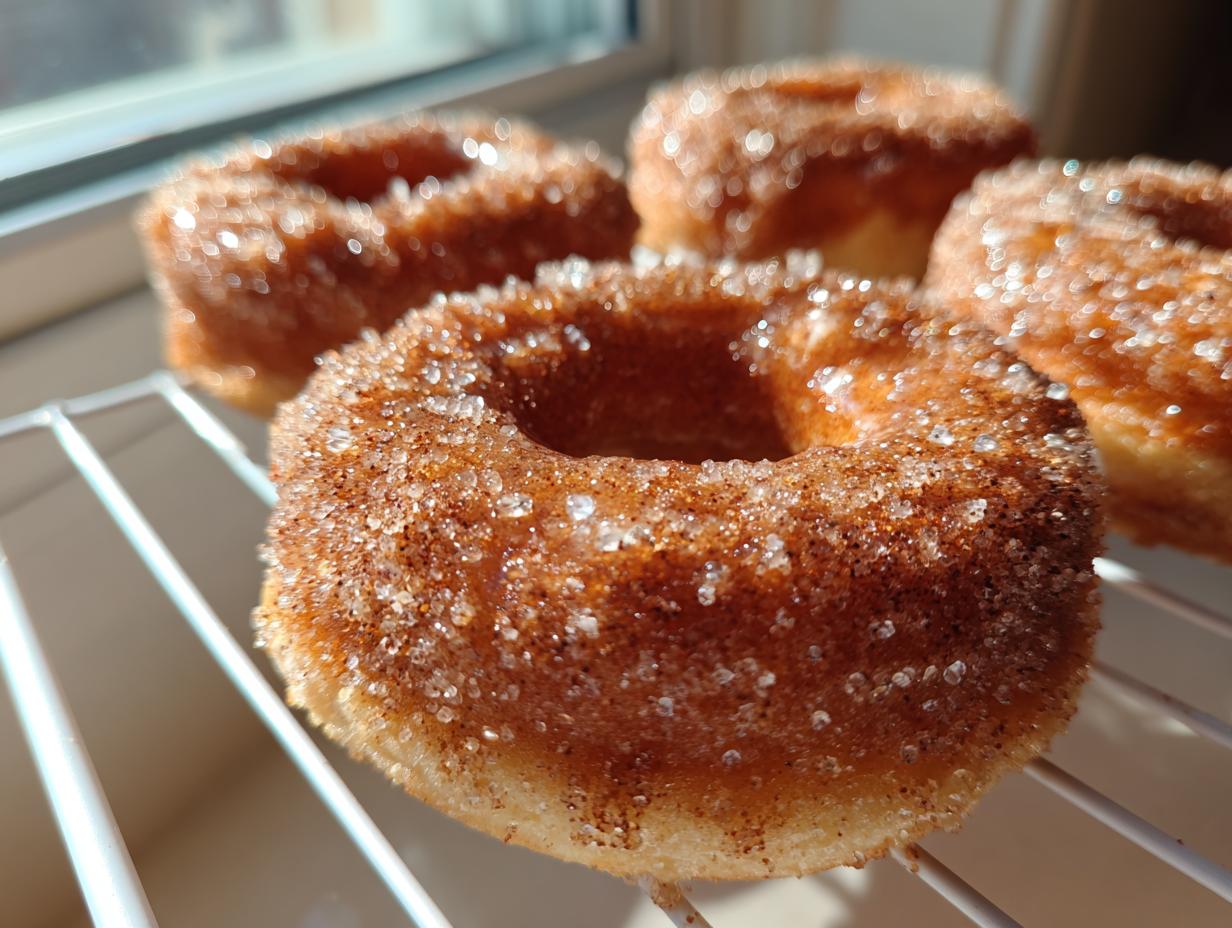 Close-up of several cinnamon sugar coated Applesauce donuts resting on a white cooling rack in bright sunlight.
