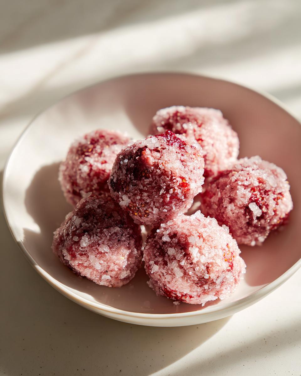 A small bowl holding several pink, round strawberry yogurt bites coated heavily in sparkling sugar crystals.