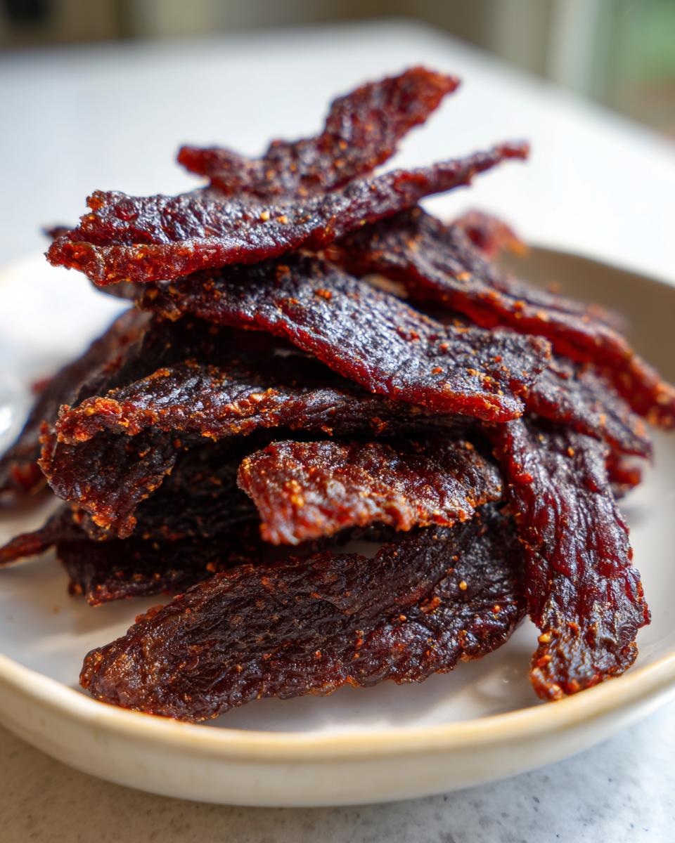 Close-up of a stack of dark, richly seasoned Teriyaki turkey jerky strips on a light plate.