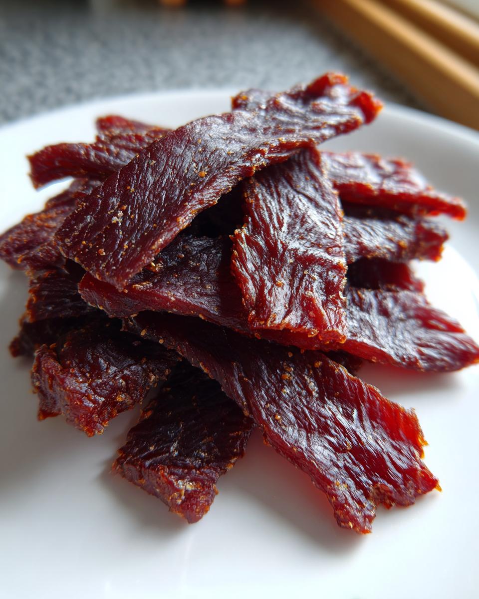 Close-up of a pile of rich, dark red Teriyaki turkey jerky strips seasoned with visible spices on a white plate.