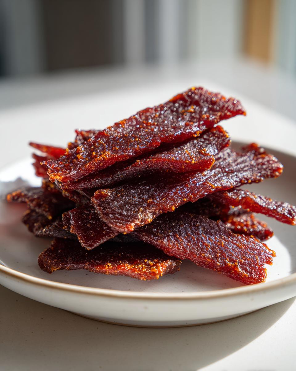Close-up of a small pile of dark, glazed Teriyaki turkey jerky strips on a light ceramic plate.