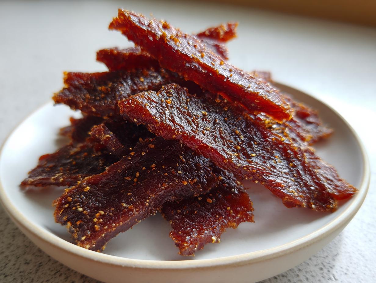 A close-up of a stack of glistening, dark brown Teriyaki turkey jerky pieces sprinkled with sesame seeds on a small white plate.