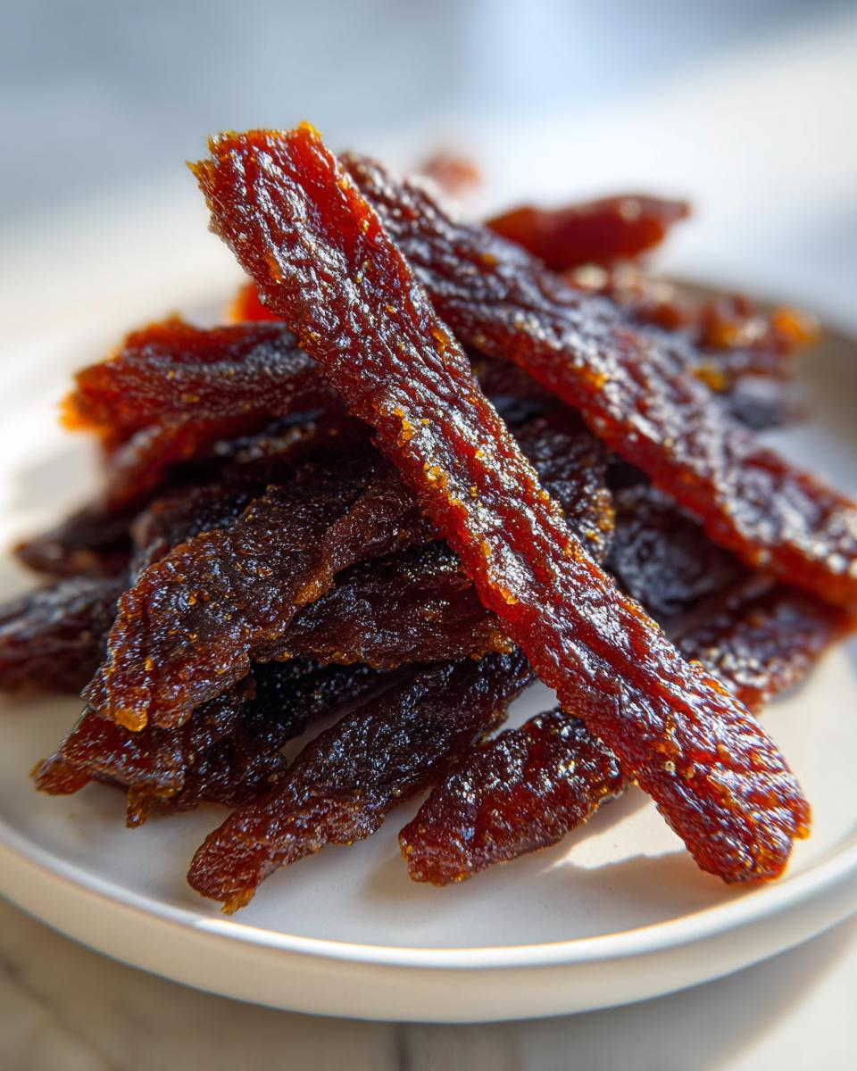 Close-up of shiny, dark brown strips of homemade Teriyaki turkey jerky piled on a white plate.