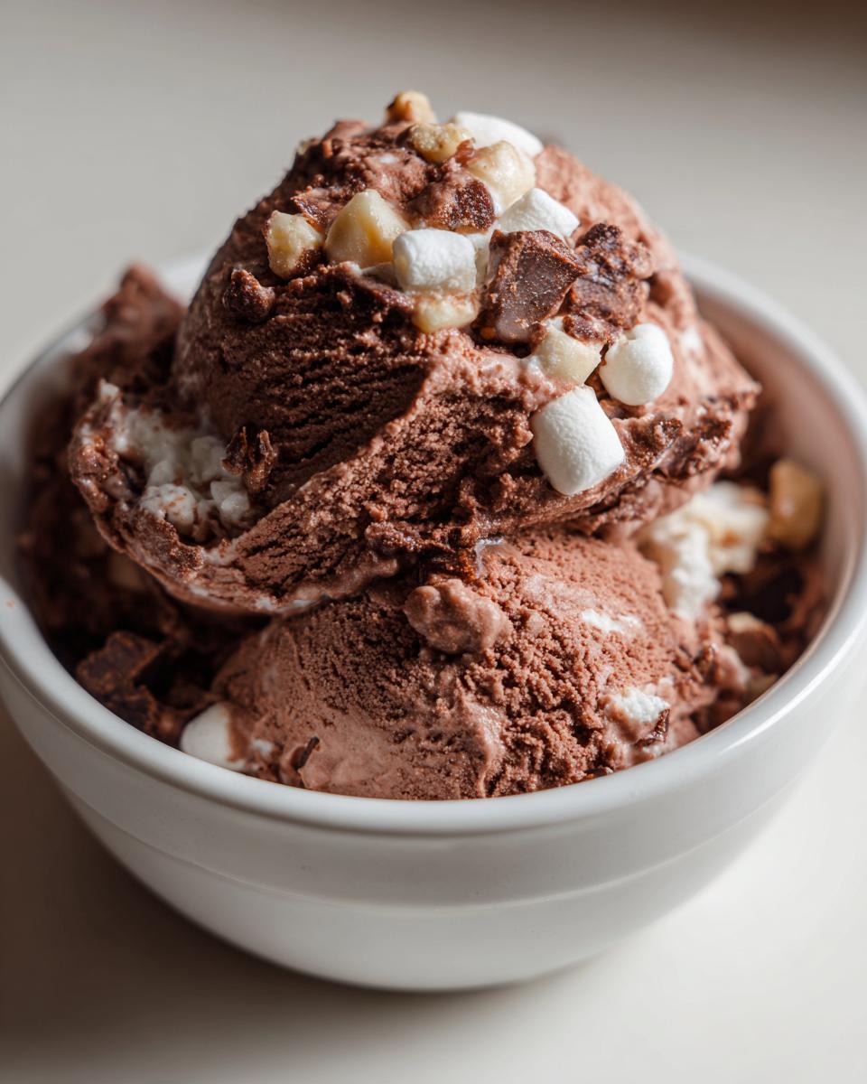 Close-up of two thick scoops of chocolate Rocky Road ice cream topped with marshmallows and nuts in a white bowl.
