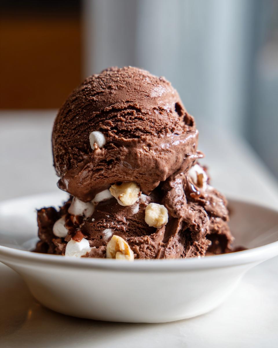 Close-up of a thick scoop of chocolate Rocky Road ice cream topped with small marshmallows and chopped nuts in a white bowl.