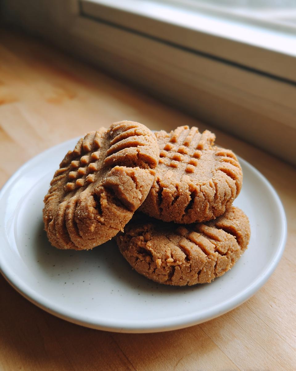 Three classic 3 ingredient peanut butter cookies with fork marks stacked on a small white plate.
