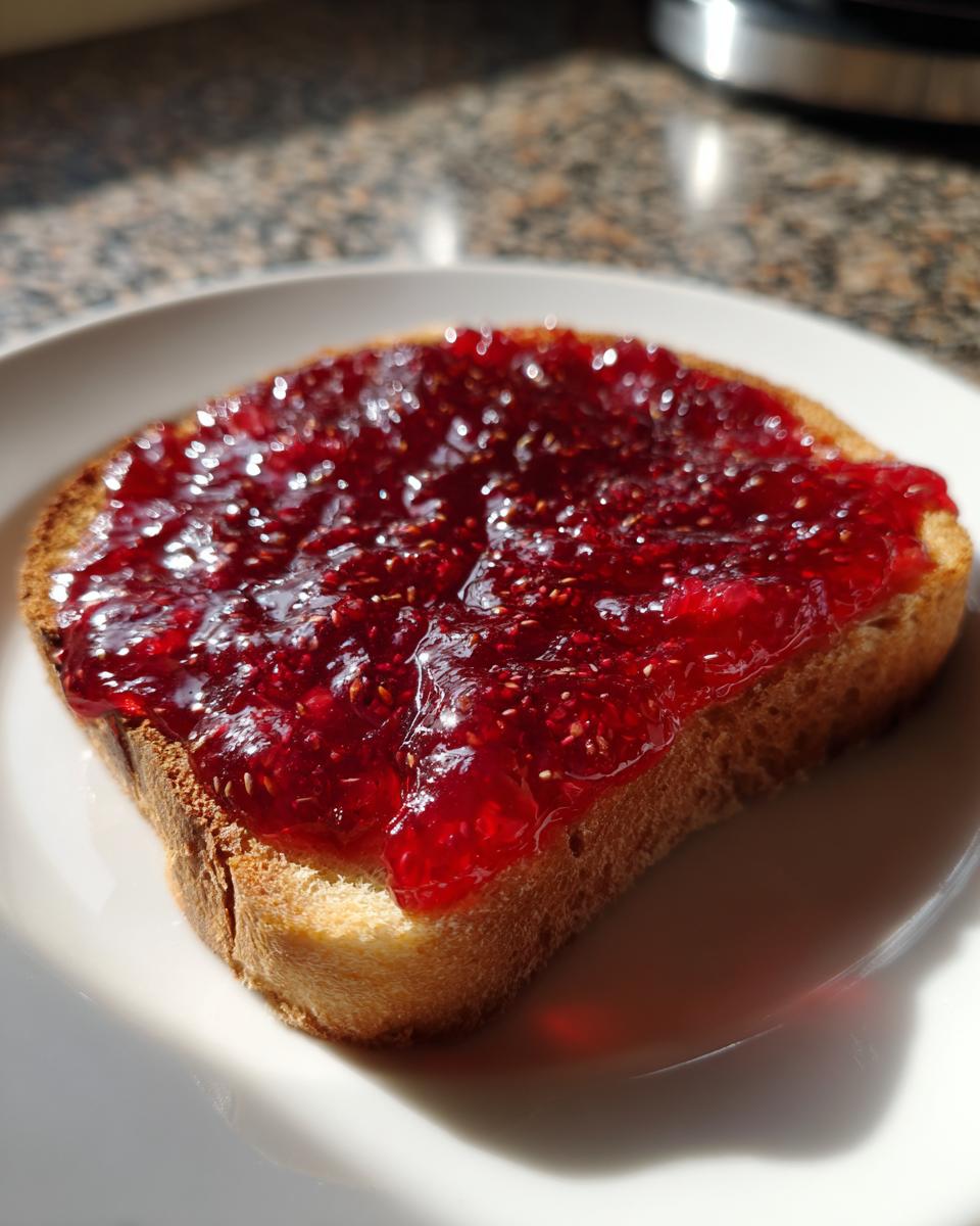 Close-up of a slice of toasted bread generously topped with glistening, deep red strawberry rhubarb jam.